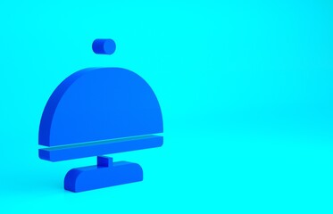 Blue Covered with a tray of food icon isolated on blue background. Tray and lid sign. Restaurant cloche with lid. Minimalism concept. 3d illustration 3D render.