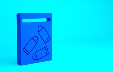 Blue Evidence bag and bullet icon isolated on blue background. Minimalism concept. 3d illustration 3D render.