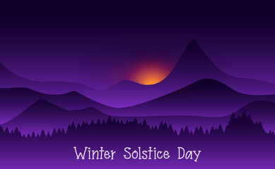 Winter solstice day in December the 21. Greeting card design template. The dark sky with sunset or sunrise. The longest night in the year. - 395547595