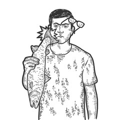 Slap tail of fish tail. Engraving vector illustration. Sketch scratch board imitation.