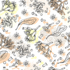 Seamless Pattern with branches of a carnation tree with leaves, buds and flowers . Detailed hand-drawn sketches, vector botanical illustration.