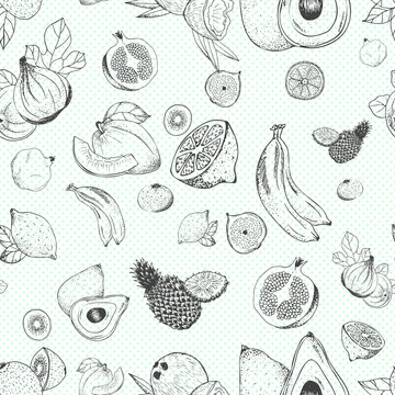Vector fruits pattern. Fruits seamless vintage background
