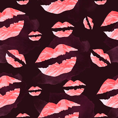 Red lip prints  seamless pattern. Hand drawn watercolor kiss prints. Love concept. Trendy wrapping design for romantic, Valentines day. Isolated on dark background.