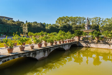 Fototapeta na wymiar Great view of the bridge, decorated with numerous potted citrus plants in a row, leading to the Fountain of Oceanus on the Isolotto, a small island that is surrounded by a moat in the Boboli Gardens.