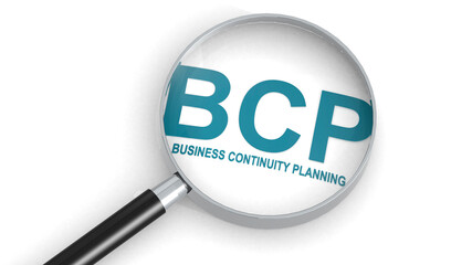 BCP, business continuity planning,  word under magnifying glass - obrazy, fototapety, plakaty