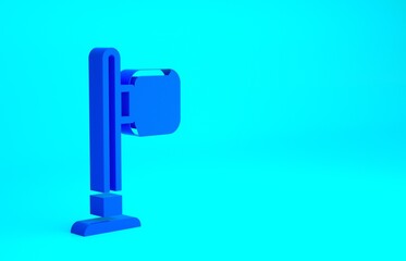 Blue Cafe and restaurant location icon isolated on blue background. Fork and spoon eatery sign inside pinpoint. Minimalism concept. 3d illustration 3D render..