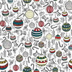 Christmas seamless texture with the Colorful christmas glass toys made in the hand painted style. Sketch.