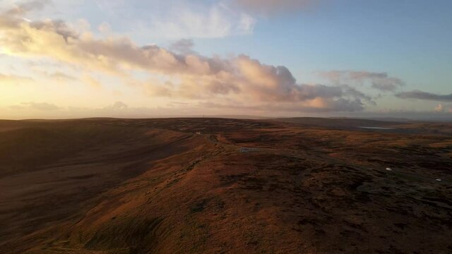 Drone Fly Over Aerial View Of Beautiful Moorland Sunset Landscape In Marsden England