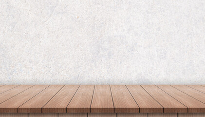 Empty wood table on white wall background.