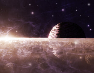 Planet Saturn or Jupiter close-up with meteorites ring and sun in haze, 3d illustration © 3d_vicka