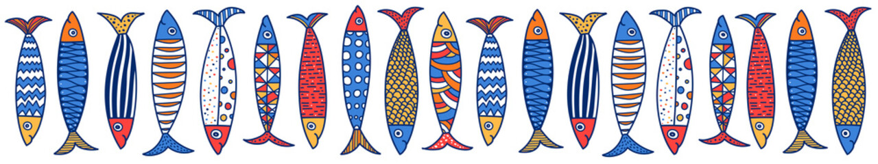 Cute sardines. Vector sea poster. - obrazy, fototapety, plakaty