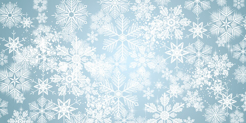 White winter snowflakes on a blue background - Merry Christmas and winter snow design banner