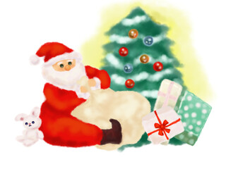 サンタクロースと緑のクリスマスツリー
