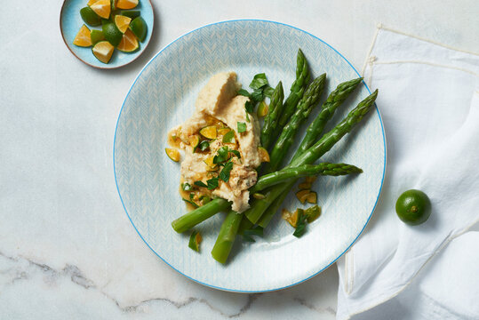 Parsley root pur�e with calamansi, charred miso butter and green asparagus