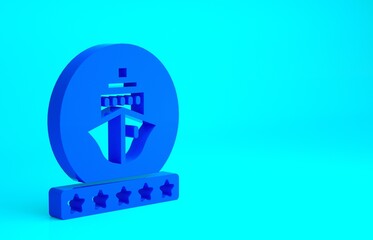 Blue Cruise ship icon isolated on blue background. Travel tourism nautical transport. Voyage passenger ship, cruise liner. Worldwide cruise. Minimalism concept. 3d illustration 3D render.