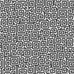 Vector monochrome seamless pattern made of squared spirals. Abstract tribal ornament surface design. For textile, wrapping, wallpaper. Editable colors. 
