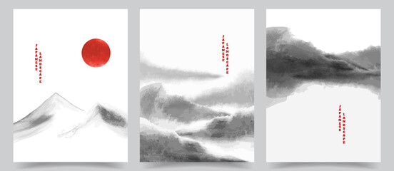 Vector illustration. Minimalist watercolor ink landscapes set. Traditional oriental painting. Japanese decorative art. Design elements for poster, book cover, brochure, magazine, flyer, booklet © VVadi4ka
