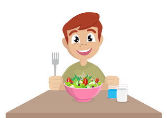 Little boy happy to eat salad.