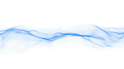 Abstract blue wave with moving dots. Flow of particles. Vector cyber technology illustration.