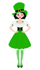 Young woman wearing green hat and irish national dress. Saint Patricks Day illustration