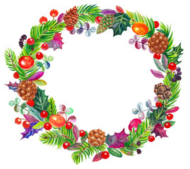Watercolor colorful christmas wreath with, cones, fruits, berries, leaves and branches tree. White background