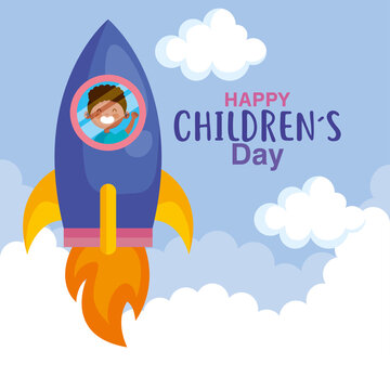 Happy childrens day with boy in rocket design, International celebration theme Vector illustration