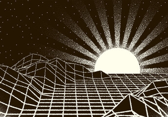 Retro dotwork landscape with 80s styled sun rays, laser grid and stars background from old sci-fi book or poster © swillklitch