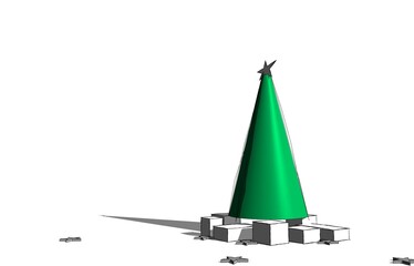 Abstract 3d Illustration of a Christmas tree and gift packages in modern style. New year scene with shadows on white background.