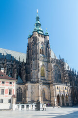 Roman Catholic metropolitan Cathedral of Saints Vitus. The main tower and the Golden Gate in Prague, Czech Republic.
