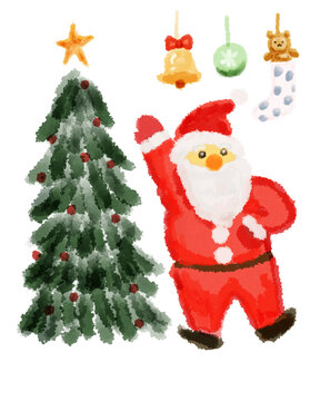サンタクロースとクリスマスツリー水彩画
