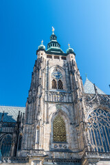 Main tower of Roman Catholic metropolitan Cathedral of Saints Vitus in Prague, Czech Republic.