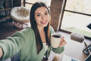 Portrait of optimistic girl doing selfie drink coffee from home wear green shirt indoors