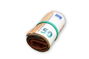 close-up of money roll with rubber band isolated on white background