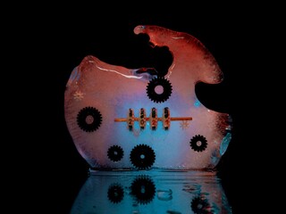 an ice block with gears frozen in it and a counter that shows the onset of the new 2021