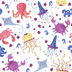 Watercolor painting seamless pattern with cute sea animals: octopus, crab, jellyfish,stingray. Kids background for textile, wrapping paper.