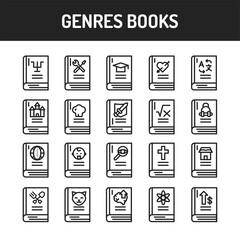 Genres of books black line icons set. Vector illustration