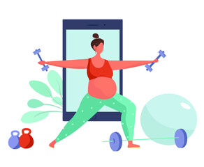 Character Doing Sports Online at Home with Barbell,Ball and Dumbbells During Quarantine.Online Fitness Training,Sports Activity,Yoga,Gym on Phone by Application.Equipment for Sport.Vector Illustration
