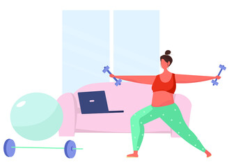 Character Doing Sports Online at Home with Barbell,Ball and Dumbbells During Quarantine.Online Fitness Training, Sports Activity,Gym on Laptop by Application.Equipment for Sport.Vector Illustration