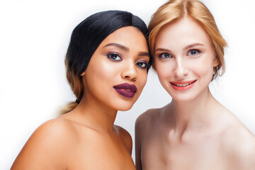 different nation woman: african-american, caucasian together isolated on white background happy smiling, diverse type on skin, lifestyle people concept