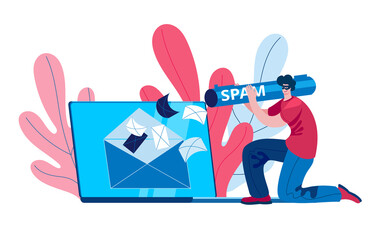 A hacker spams a mail server on a laptop. Concept of a vector illustration on the topic of spam and cybercrime. - obrazy, fototapety, plakaty