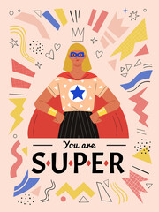 You are super. Vector illustration in modern flat style of an ordinary young  woman in casual clothes and super hero red cape. Isolated on abstract background