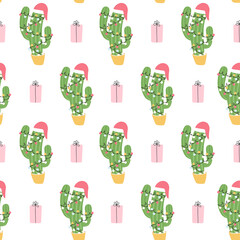 Seamless pattern with cute Christmas cactus. Vector