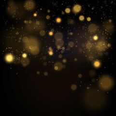 Magic golden concept. Abstract black background with bokeh effect.