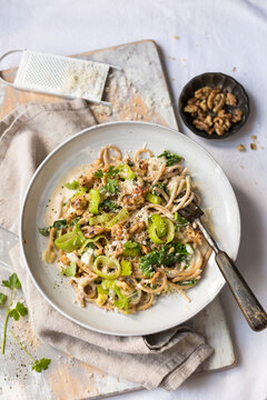 Leeks Kale and goats cheese with wholemeal spaghetti