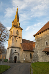 Obraz premium Kirche von Môtier, Val de Travers, Kanton Neuenburg, Schweiz