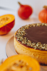 delicious pumpkin cheesecake decorated with pumpkin seeds