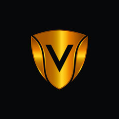 Golden Shield Logo Design for Letter V. Vector Realistic Metallic logo Template Design for Letter V. Golden Metallic Logo. Logo Design for cars, safety companies, and others.