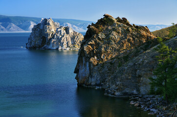 Fototapeta na wymiar Cape Burhan and Shaman Rock on Olkhon Island at Baikal Lake, Russia