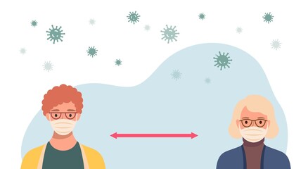 Social distancing concept. People wearing protective masks and keeping distance in public society to prevent COVID-19 coronavirus spreading.