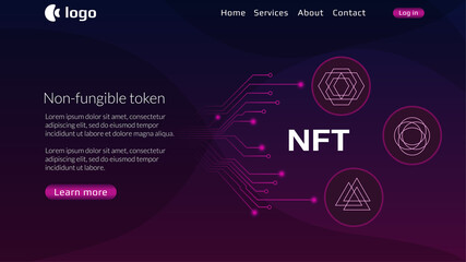Website header template for NFT nonfungible tokens with pcb tracks and unique coins on dark background. Pay for unique collectibles in games or art. Vector illustration. - obrazy, fototapety, plakaty